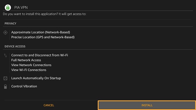 Screenshot of Amazon Fire TV Stick UI sideloading Private Internet Access app