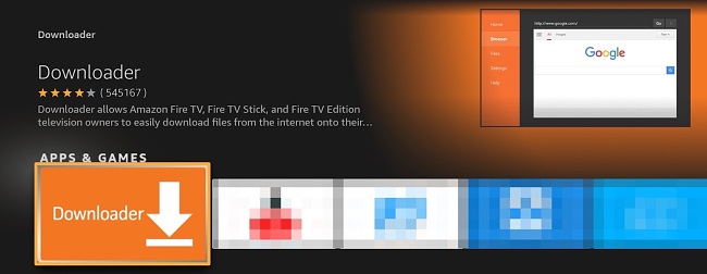 Screenshot of Amazon Fire TV Stick UI with Downloader app search result