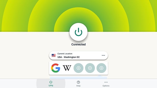 Screenshot of Amazon Fire TV Stick UI with ExpressVPN connected to Washington DC, USA