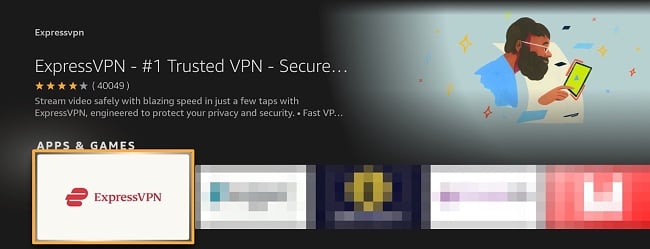 Screenshot of Amazon Fire TV Stick UI with ExpressVPN search result