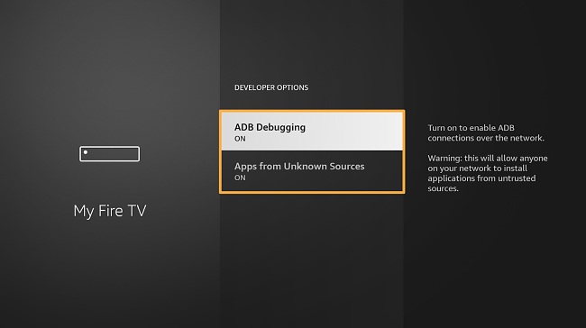 Screenshot of Amazon Fire TV Stick UI showing Developer Options
