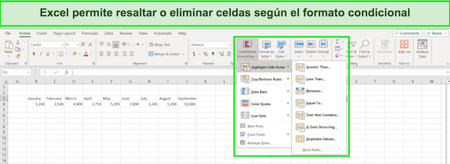 Excel 365 resalta la eliminación de celdas según la captura de pantalla de formato condicional