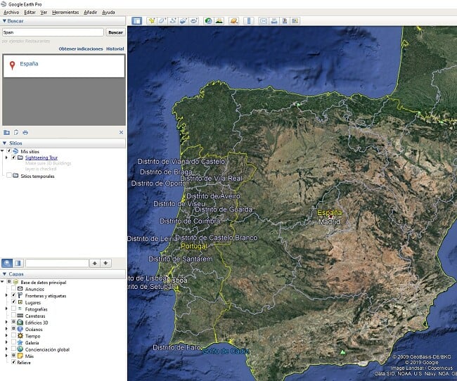 Interfaz de usuario de Google Earth Pro