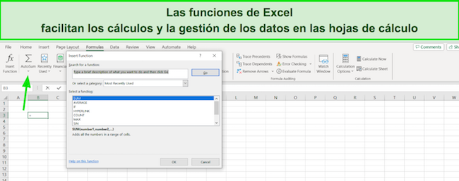 Captura de pantalla de autosuma de Excel 365
