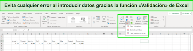 Excel 365 evita errores de entrada de datos captura de pantalla
