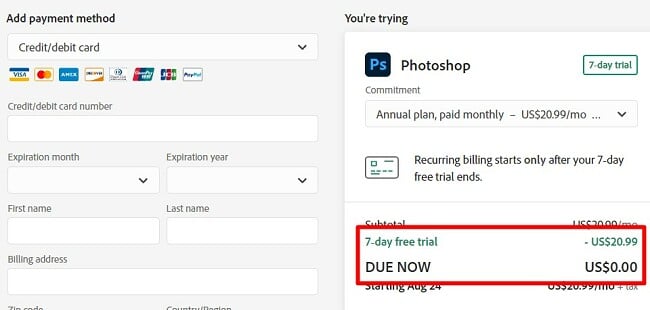 Masukkan info pembayaran untuk uji coba gratis Photoshop