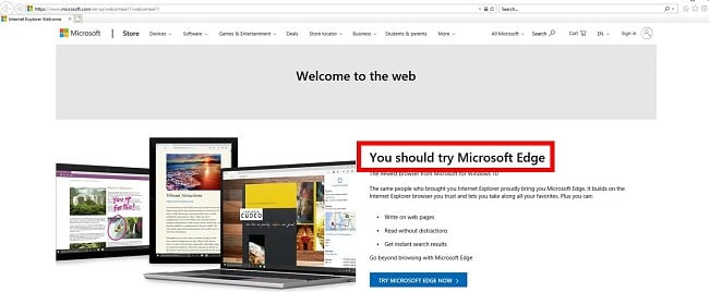 Internet Explorer rekommenderar Edge