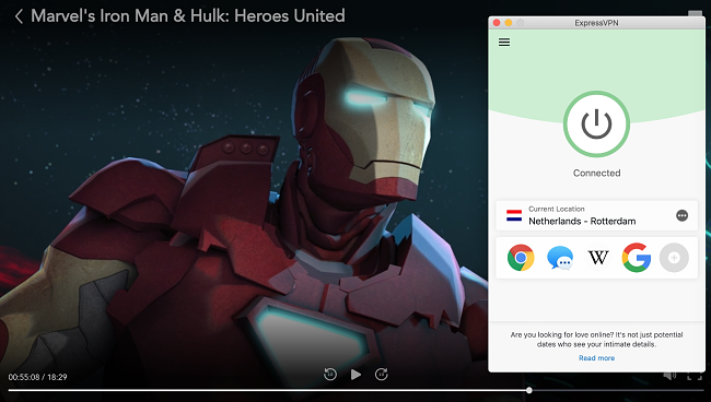 Screenshot of Marvel's Iron Man and Hulk: Heroes United on Disney Plus with ExpressVPN connected to a server in the Netherlands