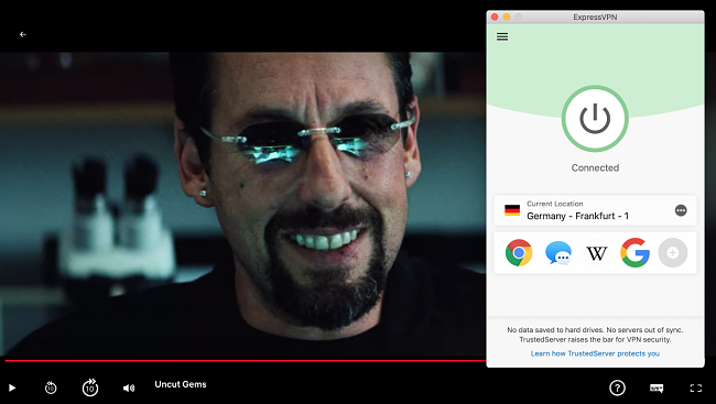Screenshot of ExpressVPN connected to a German sever and Netflix Germany showing Uncut Gems