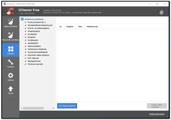 CCleaner mukauta rekisteriäsi