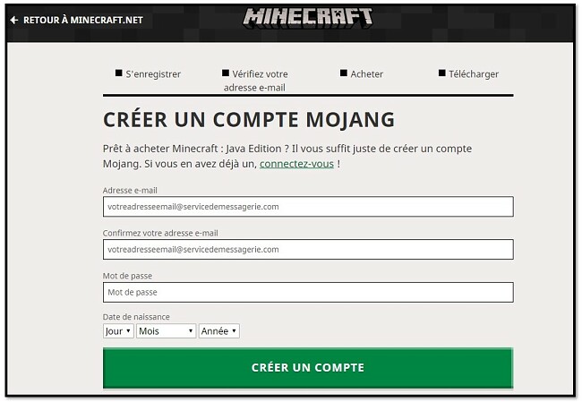 Créez votre compte Mojang