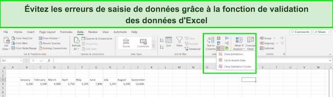 Excel 365 évite les erreurs de saisie de données, capture d'écran