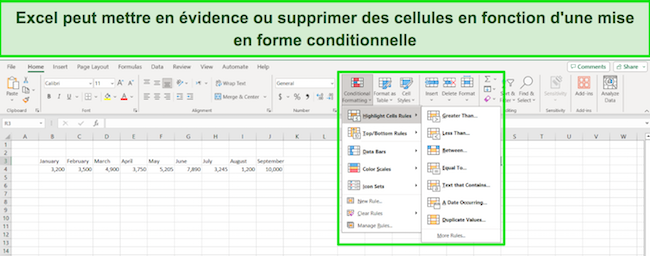 Excel 365 met en évidence la suppression des cellules en fonction d'une capture d'écran de mise en forme conditionnelle