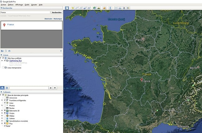 Interface utilisateur de Google Earth Pro