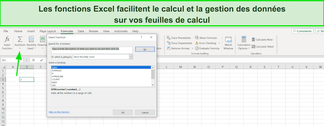 Capture d'écran de la somme automatique Excel 365