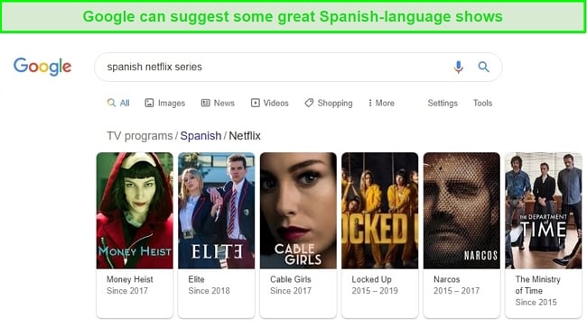 Screenshot of Google suggesting Spanish Netflix series