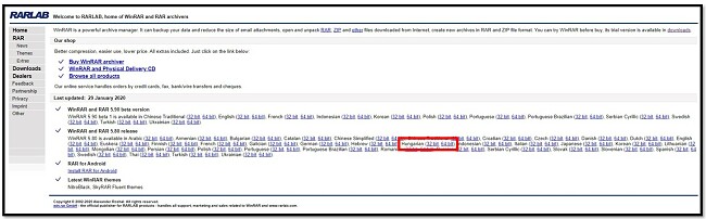 WinRAR letöltési oldal