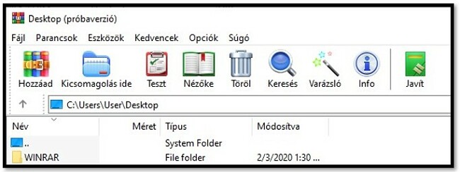 WinRAR kezdőképernyő