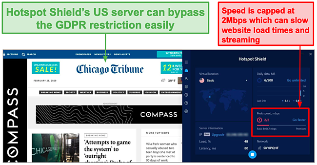 Screenshot of Hotspot Shield free version unblocking content.