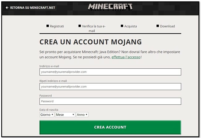 Crea il tuo account Mojang