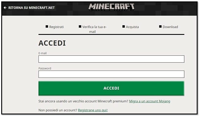 Crea un account su Minecraft