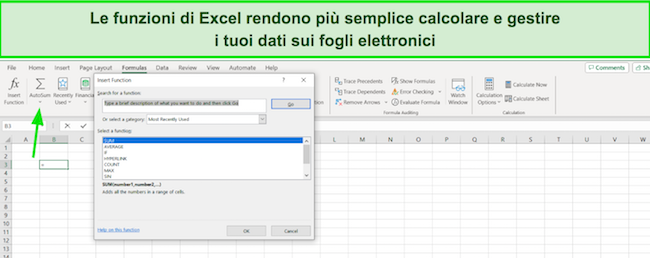 Schermata di somma automatica di Excel 365