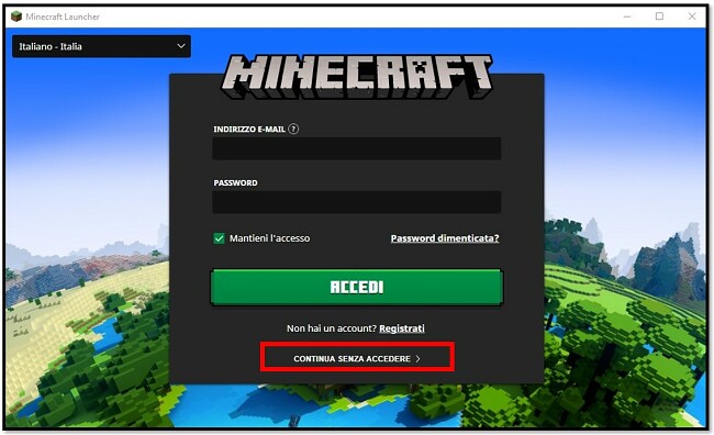 Pagina di accesso di MineCraft