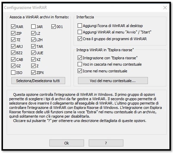 Scegli i formati di file supportati da WinRAR