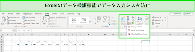 Excel 365 のデータ入力ミスを回避するスクリーンショット