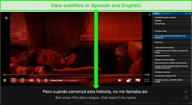 Screenshot of Language Learning with Netflix Chrome extension playing Money Heist