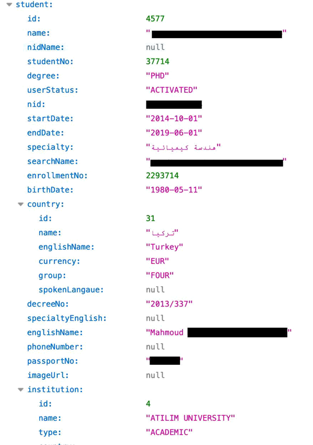 Screenshot of a data breach in The Libyan Ministry of Education showing students private information data