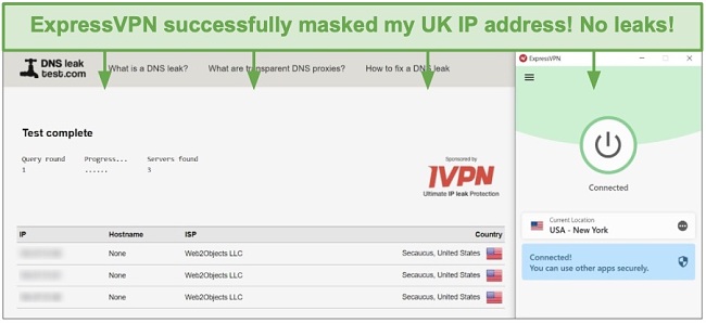 Screenshot of DNS leak test while connected to an ExpressVPN server.