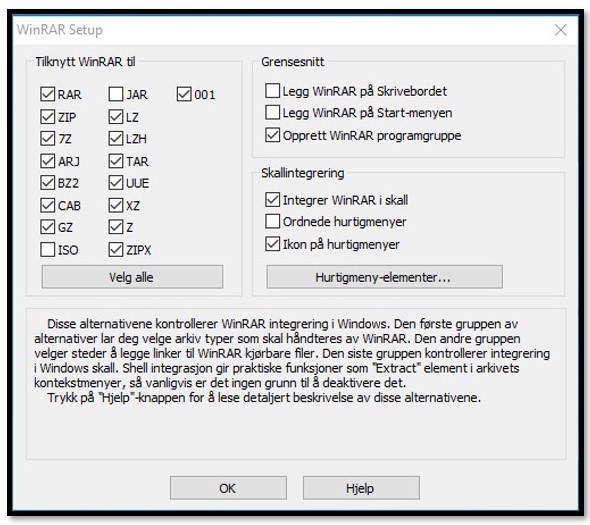 Velg WinRAR-støttede filformater