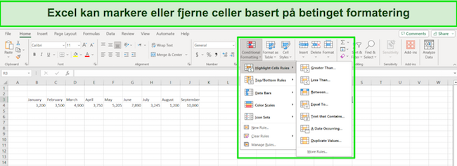Excel 365 highlight fjern celler basert på betinget formatering skjermbilde