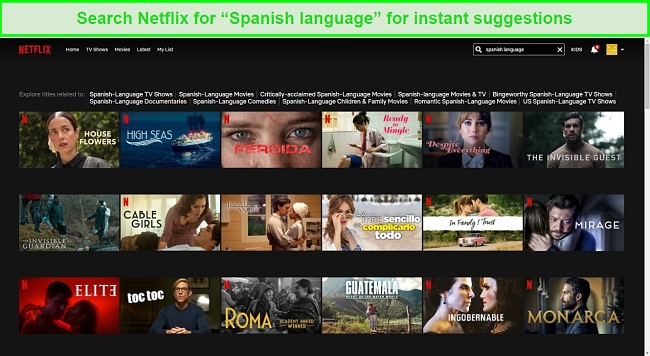 Screenshot of Netflix suggesting Spanish series when "Spanish language" is searched