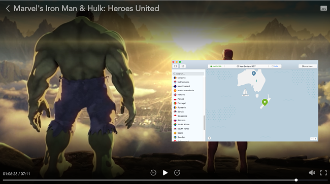 Screenshot of Marvel's Iron Man and Hulk: Heroes United on Disney Plus with NordVPN connected to a server in New Zealand