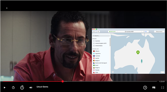 Screenshot of NordPVN app connected to Australia and Uncut Gems playing on Netflix Australia