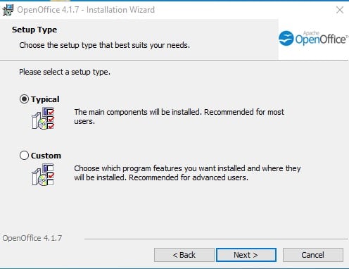 OpenOffice prilagođena ili tipična instalacija