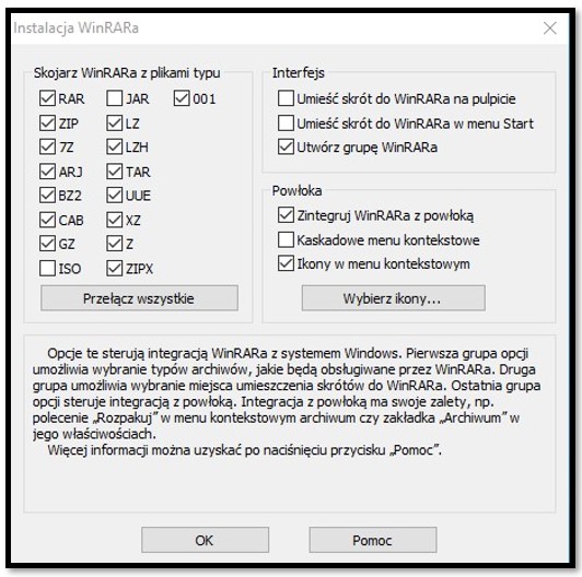 Wybierz formaty plików obsługiwane przez WinRAR