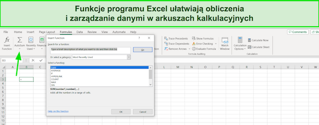 Zrzut ekranu automatycznego sumowania programu Excel 365