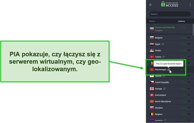 Zrzut ekranu połączenia PIA z wirtualnym serwerem geograficznym