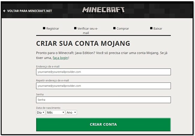 Crie sua conta Mojang