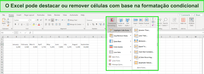 O destaque do Excel 365 remove células com base na captura de tela de formatação condicional