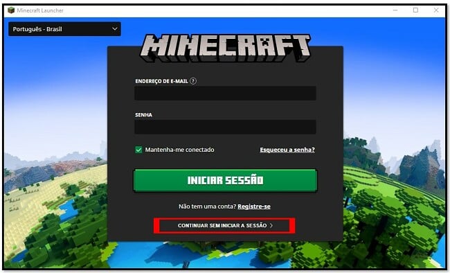 Página de login do MineCraft