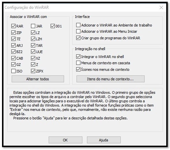 Escolha os formatos de arquivo suportados pelo WinRAR