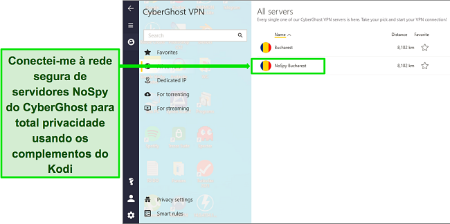 Captura de tela mostrando o servidor NoSpy do CyberGhost em Bucareste no menu do servidor do aplicativo do Windows