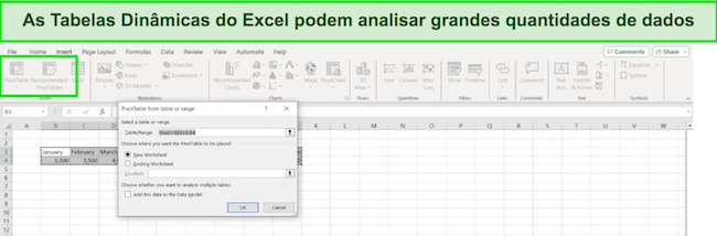 Captura de tela das tabelas dinâmicas do Excel