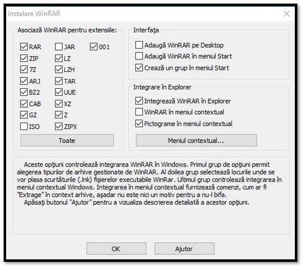 Alegeți formate de fișiere compatibile cu WinRAR