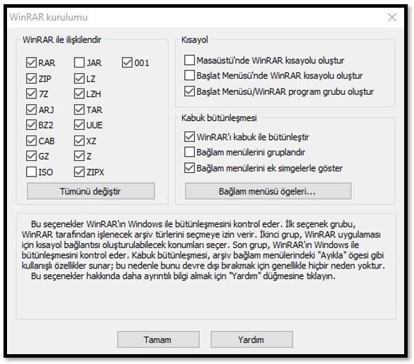 WinRAR Desteklenen Dosya Biçimlerini Seçin