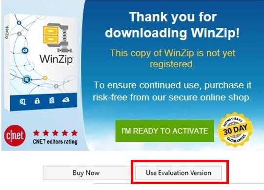Use Evaluated Version WinZip